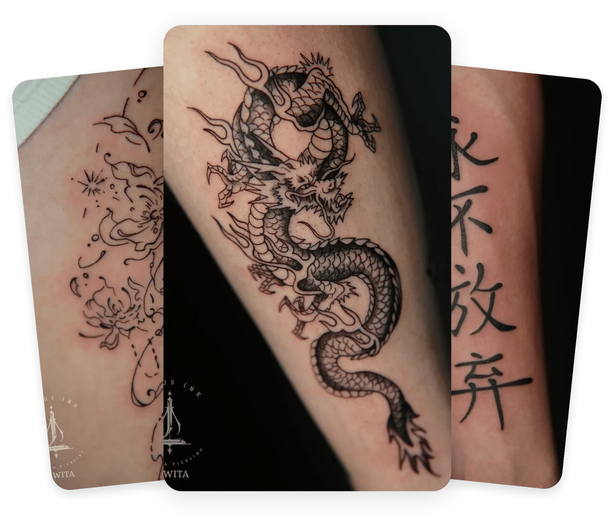Tatuaż męski: smok w stylu linework na ramieniu